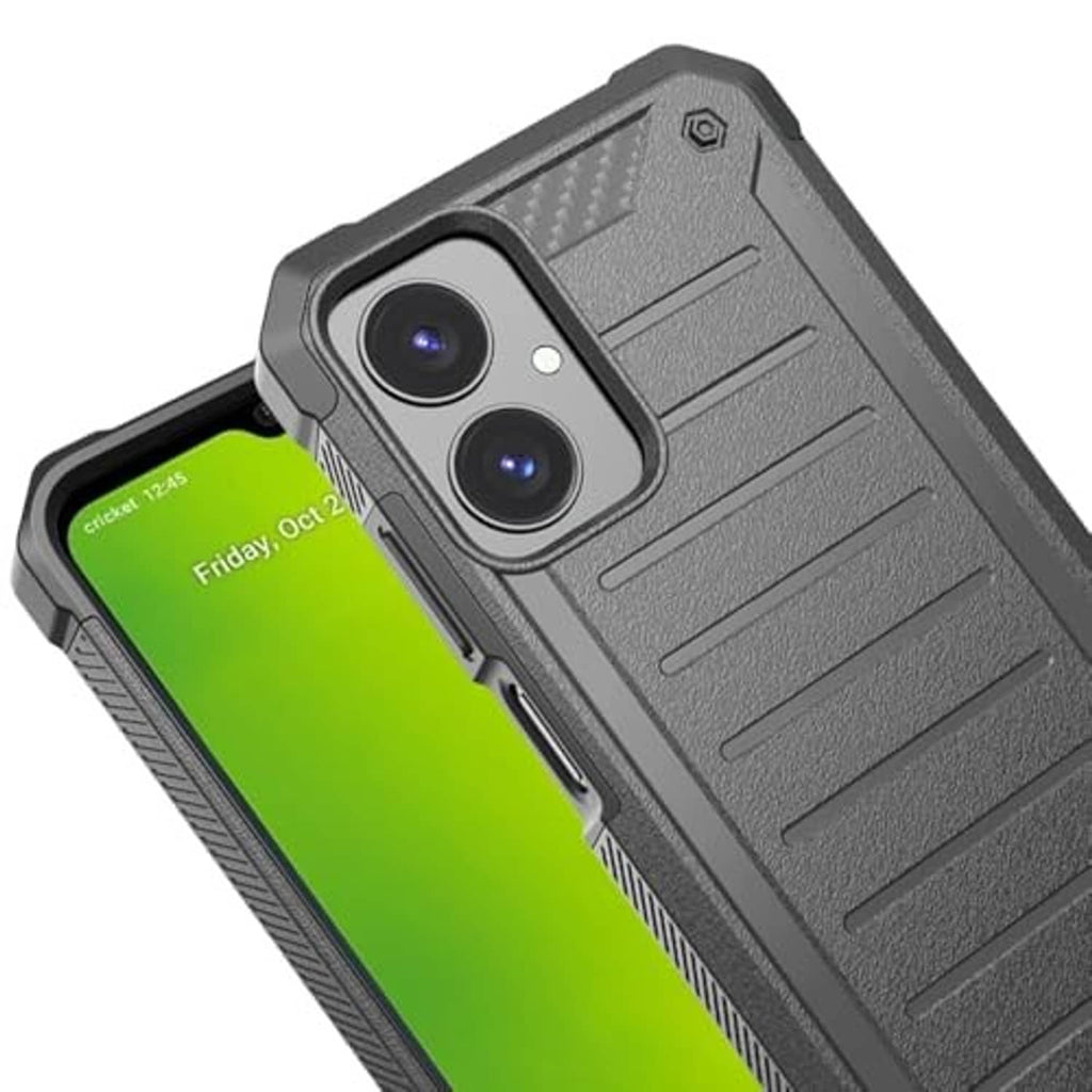 Gray rugged case close-up with dual camera cutouts and textured back panel