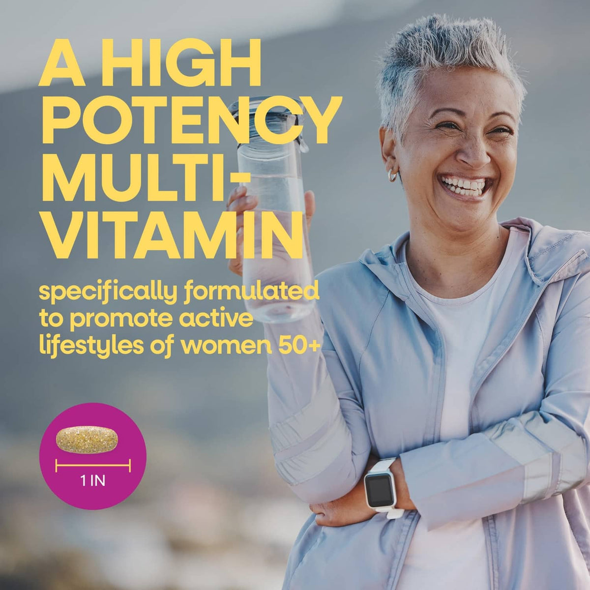 Woman smiling while holding a multivitamin tablet, high-potency supplement graphic shown.