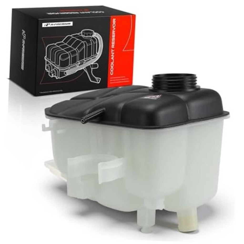Engine coolant recovery reservoir tank with black top, translucent body, side outlet