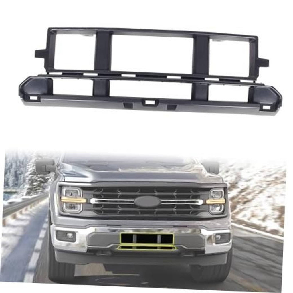 Front bumper grille insert frame, black plastic with rectangular openings and center grille