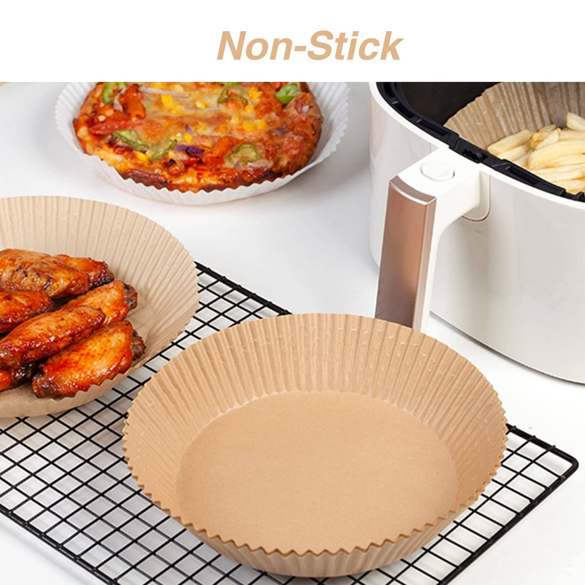 Brown round air fryer paper liner on rack and inside an air fryer basket.