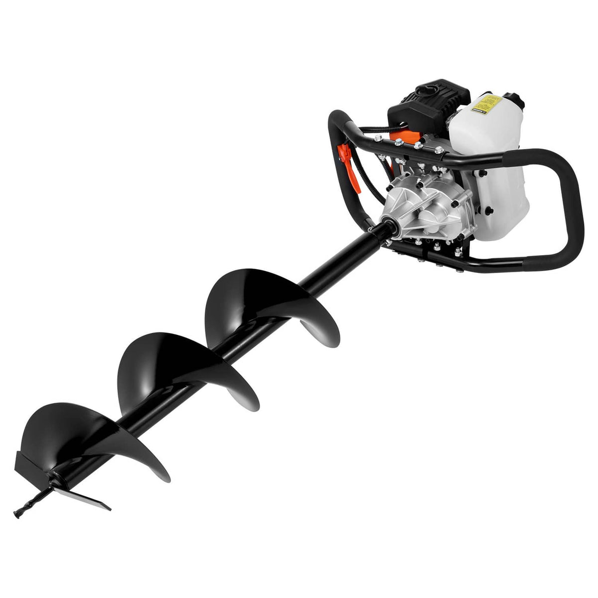 Compact gas post hole digger with two-piece spiral auger bit and black frame
