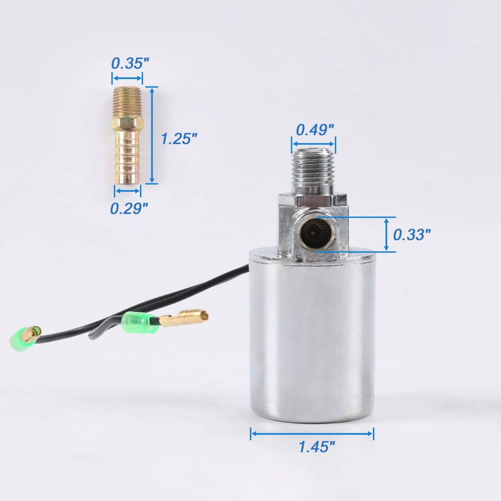 Air horn solenoid valve with black wires and brass connection, dimension view