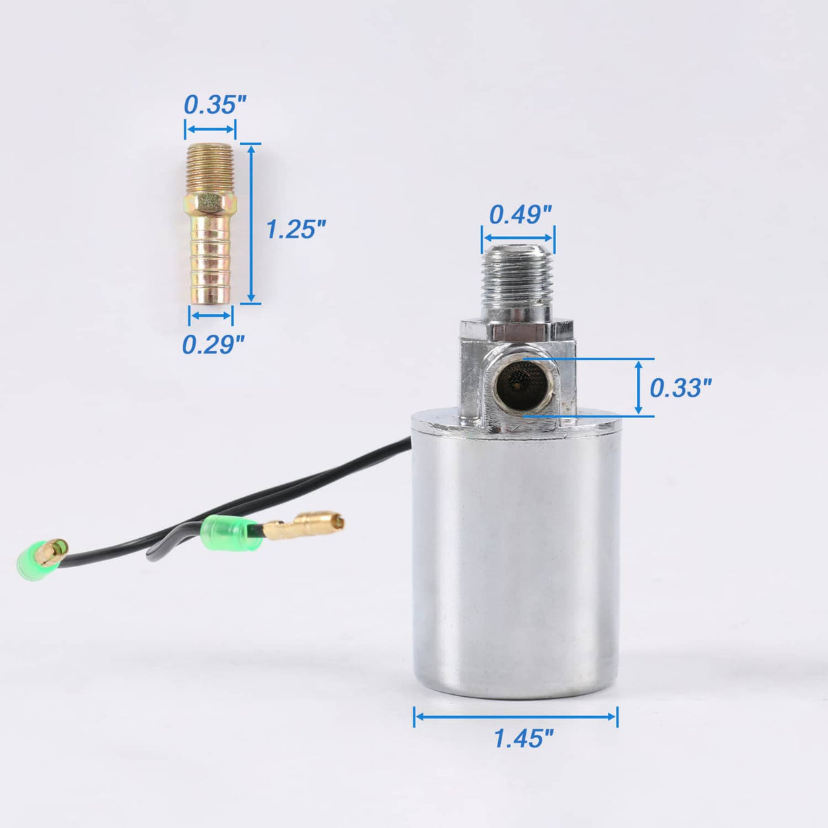 Air horn solenoid valve with black wires and brass connection, dimension view