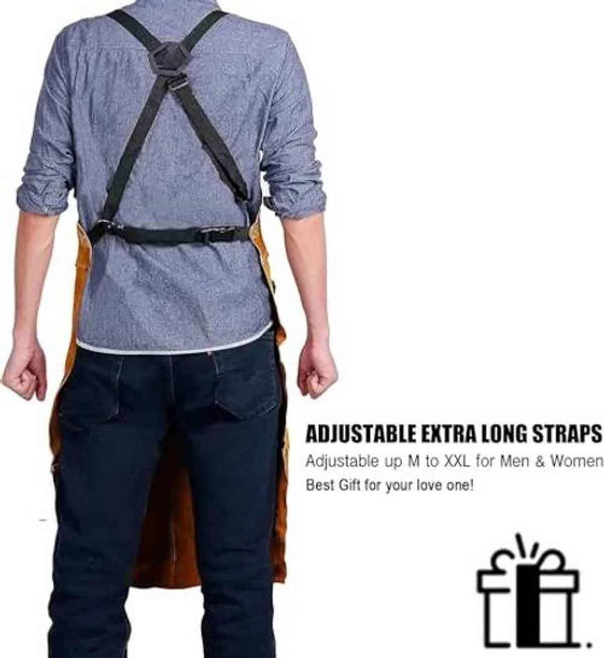 Brown leather welding apron worn over shirt with long adjustable straps