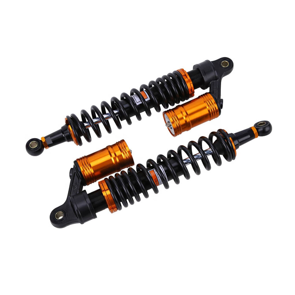 Two front air shock absorbers with black springs and orange reservoir cylinders, studio view