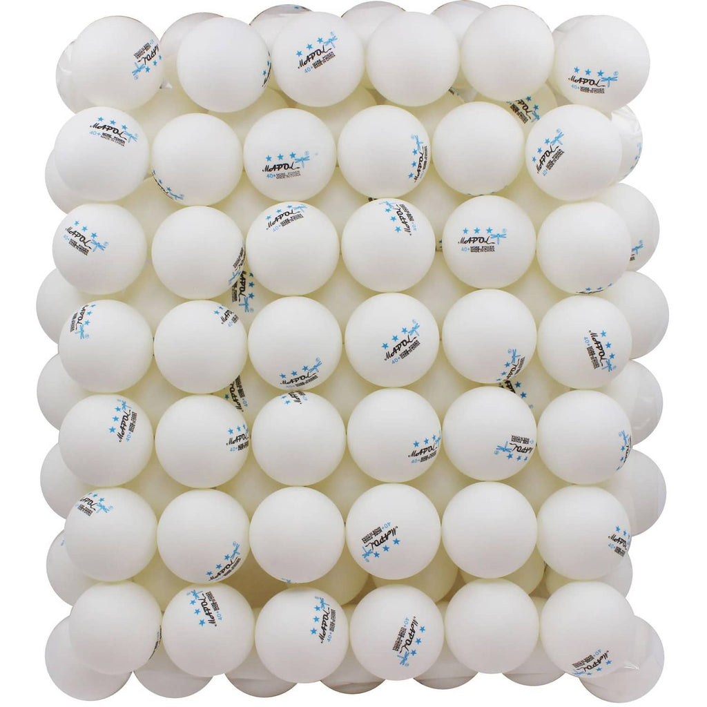 Pack of white 3-star table tennis balls, blue logo print on multiple balls