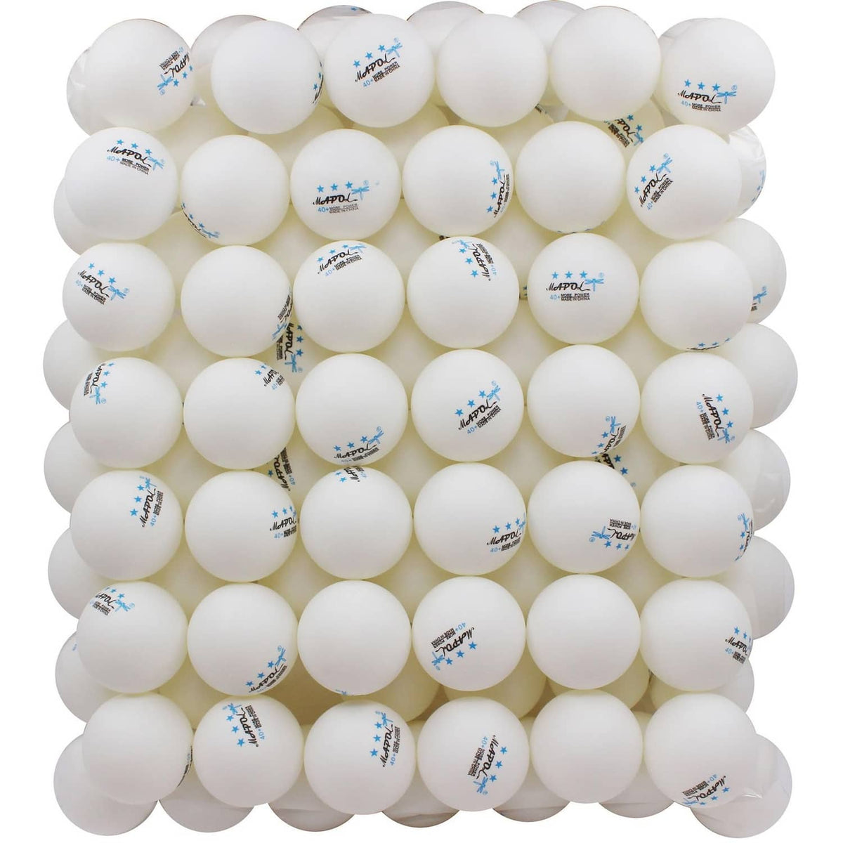 Pack of white 3-star table tennis balls, blue logo print on multiple balls