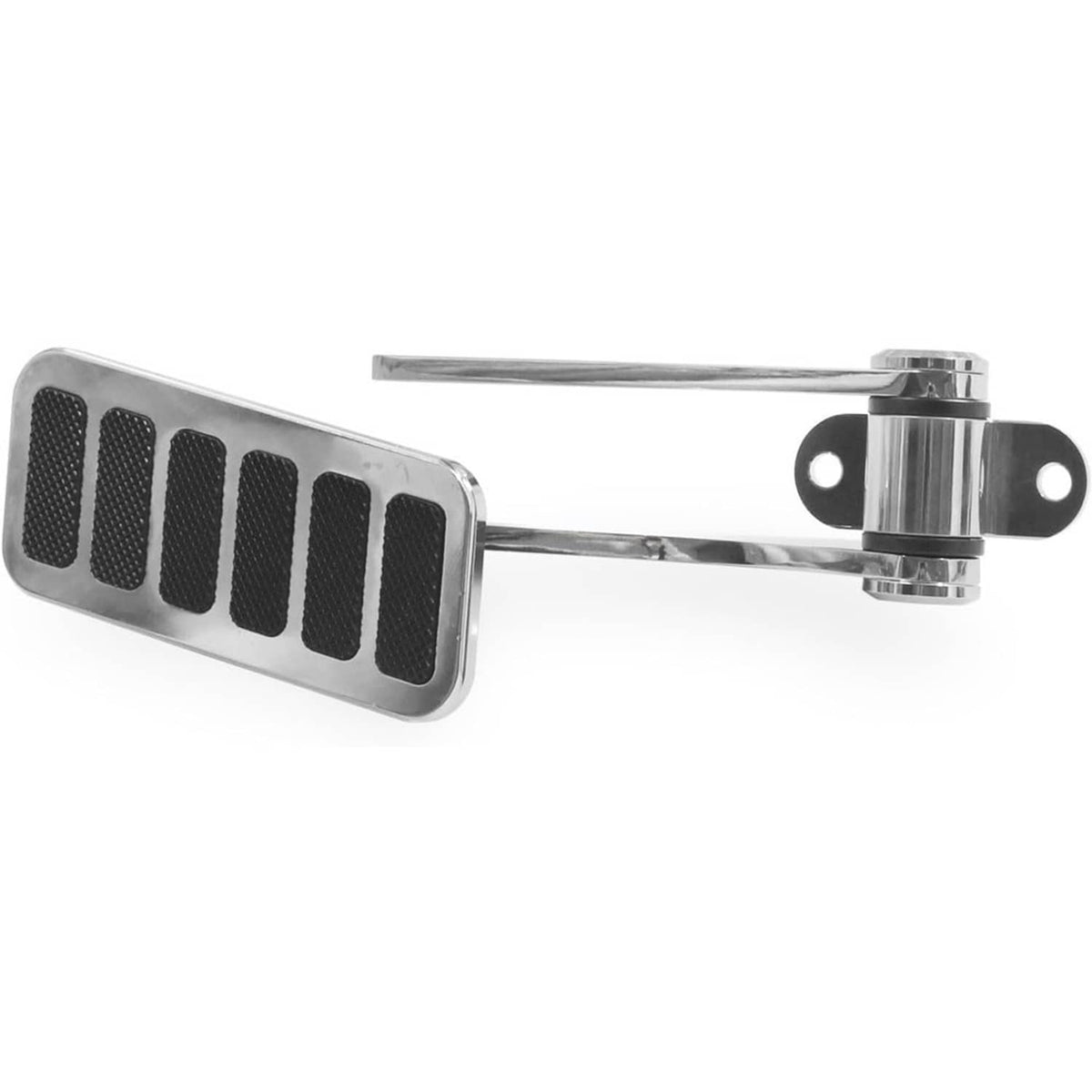 Polished aluminum gas pedal with black ribbed pad and mounting bracket, firewall-style