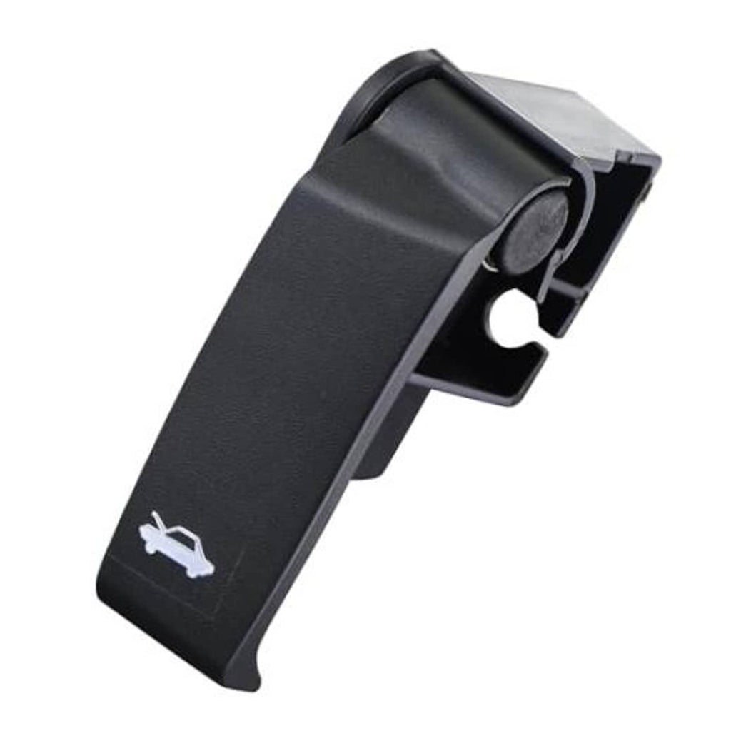Black hood release handle lever with release symbol, plastic automotive latch component