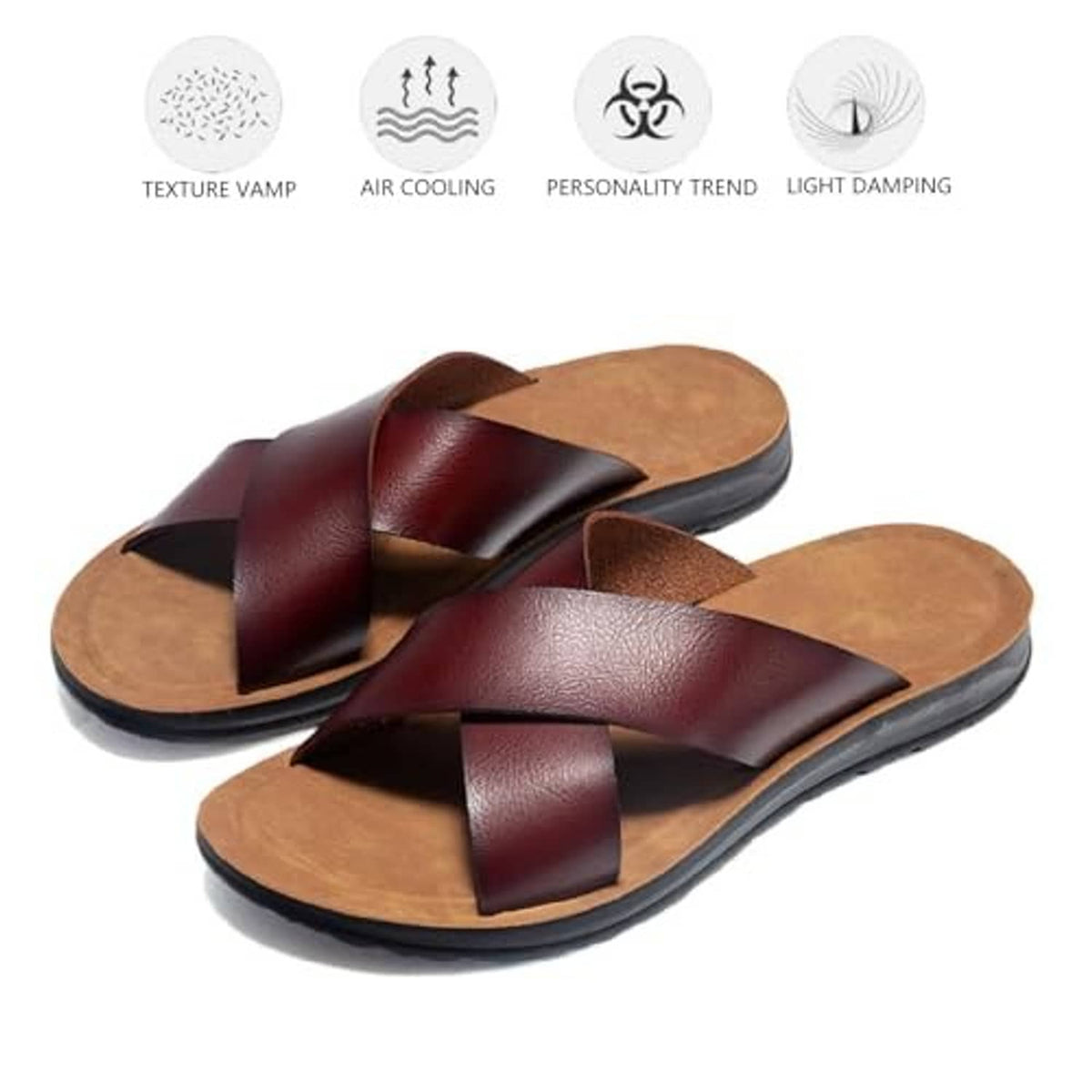 Pair of brown leather open-toe platform slide sandals with crisscross straps