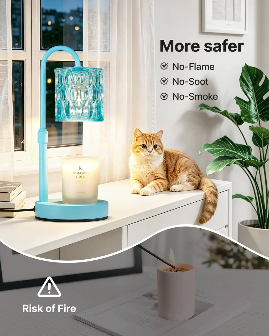 Blue candle warmer lamp with ribbed glass shade, warming a jar candle on tabletop
