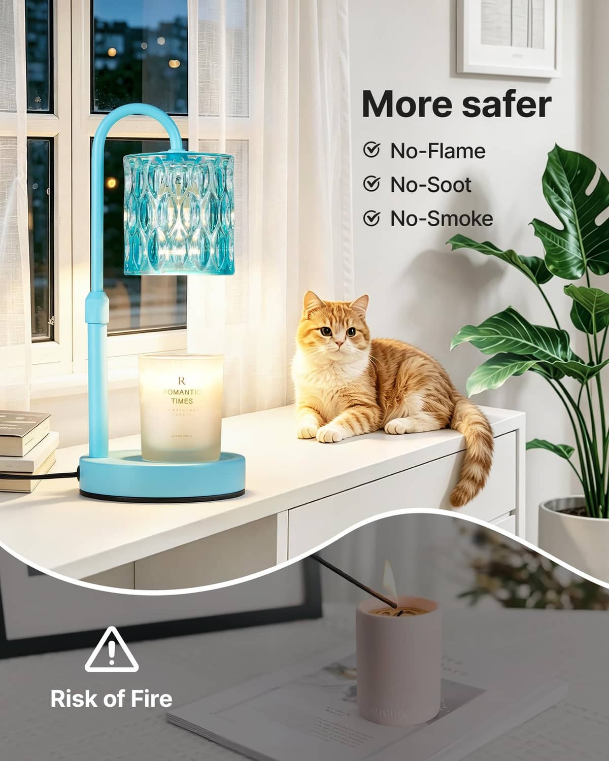 Blue candle warmer lamp with ribbed glass shade, warming a jar candle on tabletop