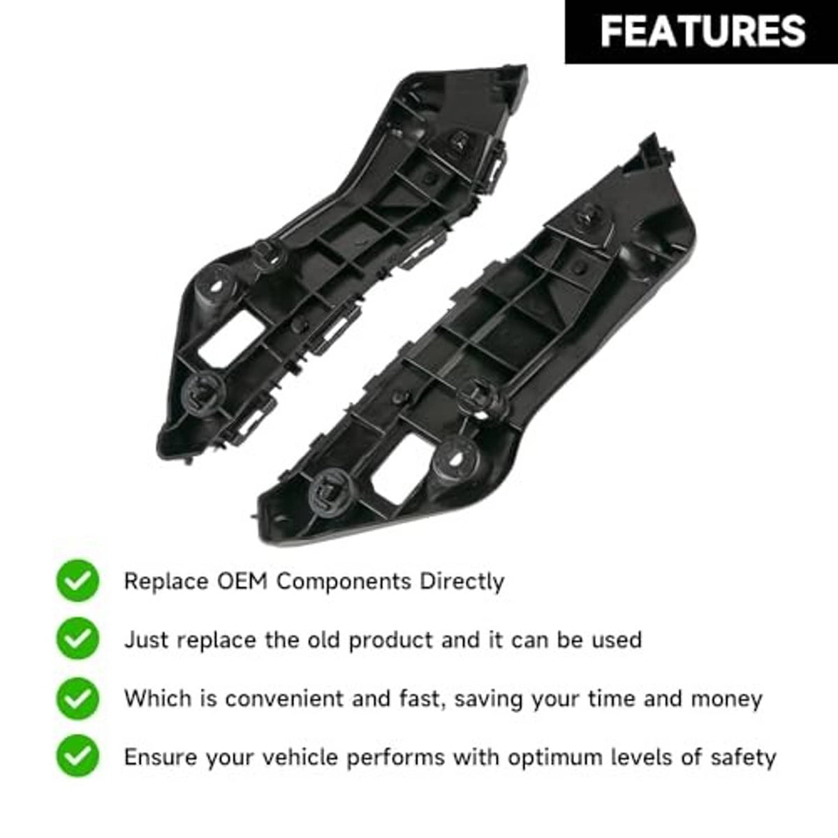 Two black front bumper bracket mounts with circular clips and rectangular openings