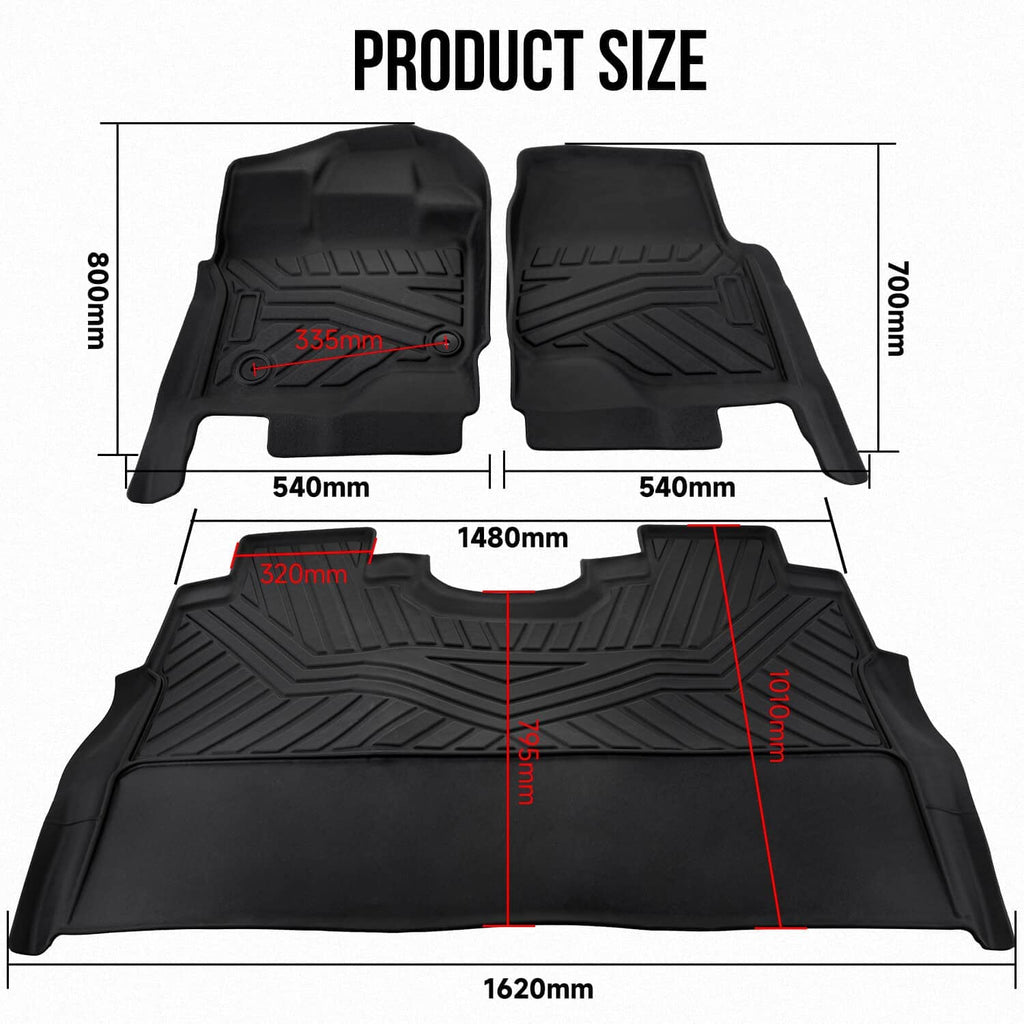 Black all-weather floor liner mats with product size diagram and measurement lines