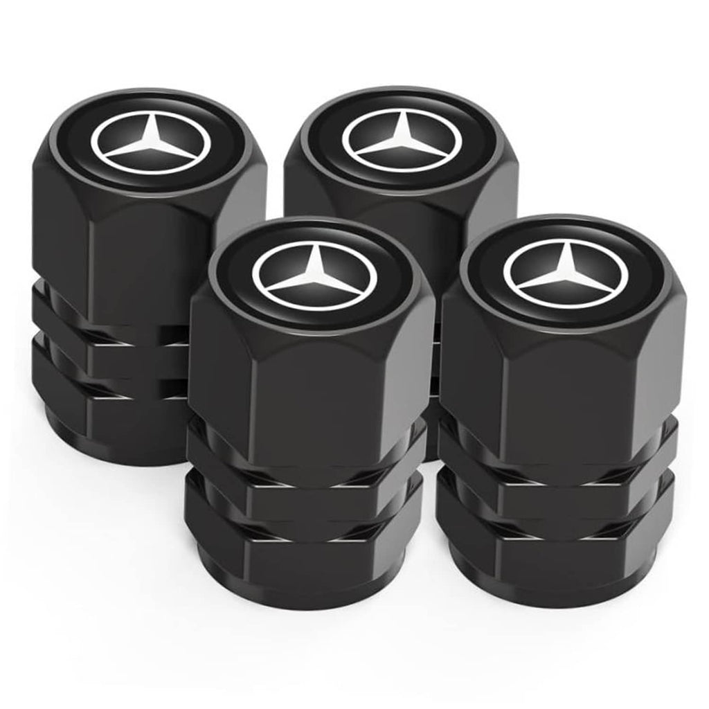 Set of 4 black metal tire valve stem caps with Mercedes-style emblem, knurled tops