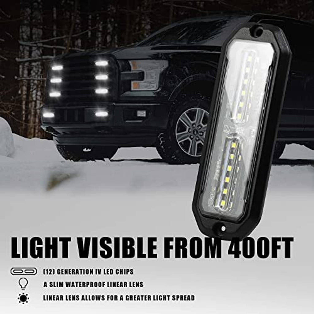 Rectangular LED emergency side marker light mounted on vehicle front, black housing