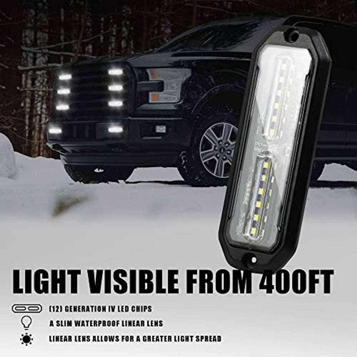 Rectangular LED emergency side marker light mounted on vehicle front, black housing