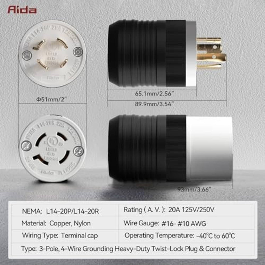NEMA L14-20 locking plug and connector set with wiring details and connector dimensions