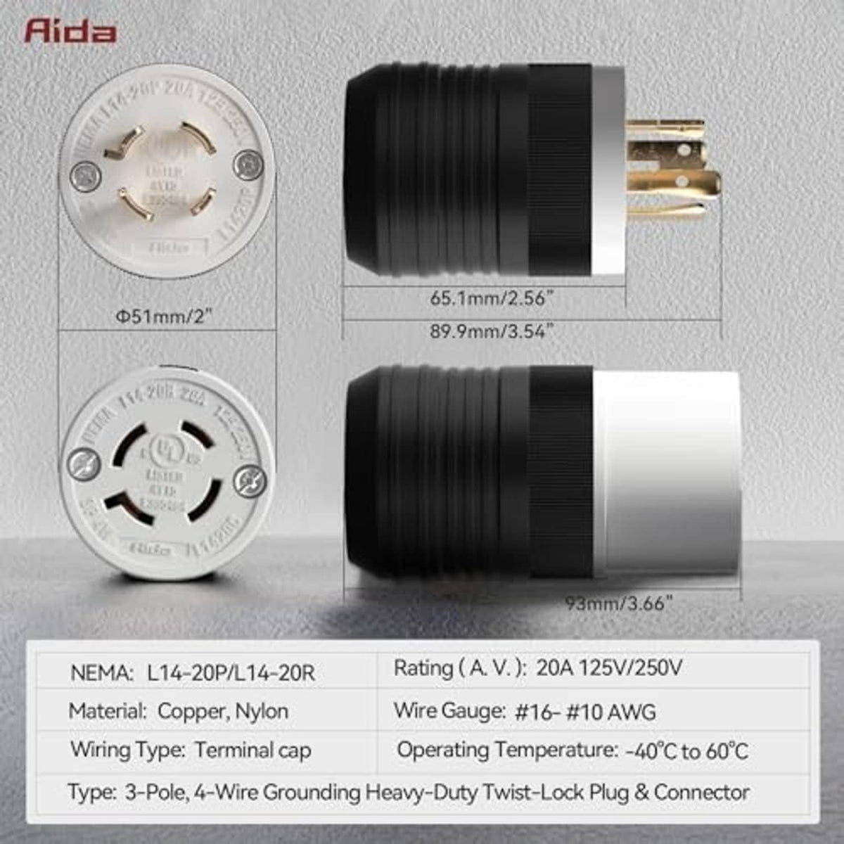 NEMA L14-20 locking plug and connector set with wiring details and connector dimensions