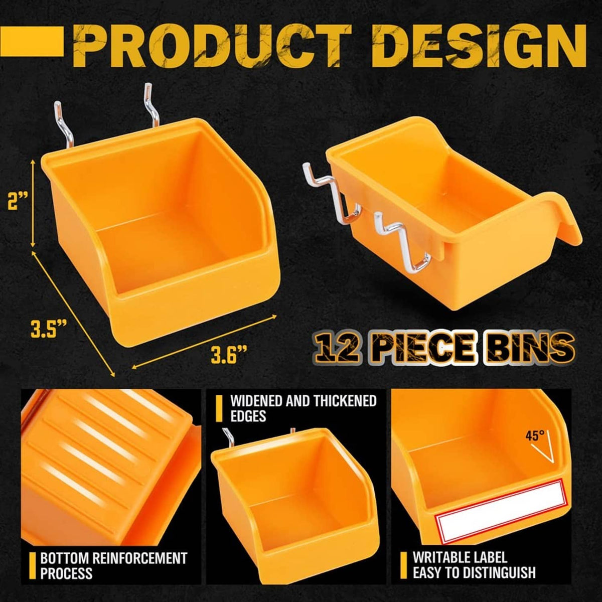 Orange pegboard hook bins with metal hook mounts, 12-piece product design