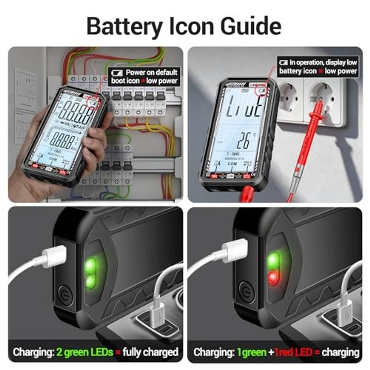 Digital multimeter charging guide with LEDs showing low and fully charged states