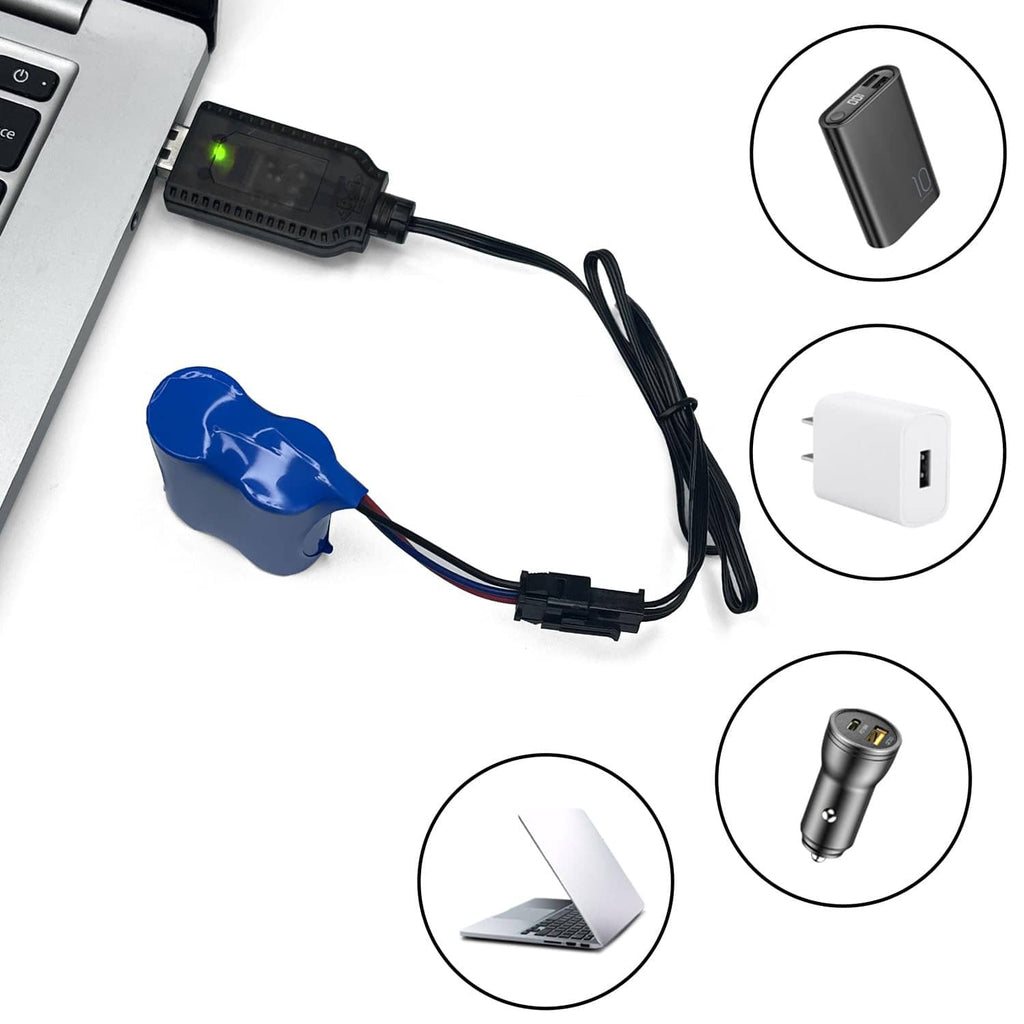 USB battery charger cable with blue battery pack, black wires, and USB wall/vehicle charging plugs