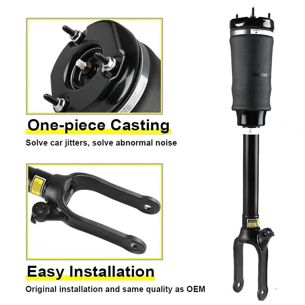 Front air suspension shock strut with black air sleeve, top cap, and fork mount