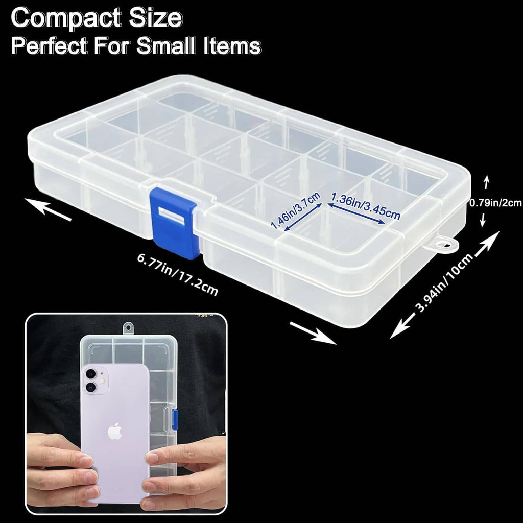 Clear plastic storage box with blue latch and grid compartments for small items