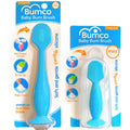 Blue silicone baby bum brush with suction base in blister packaging.