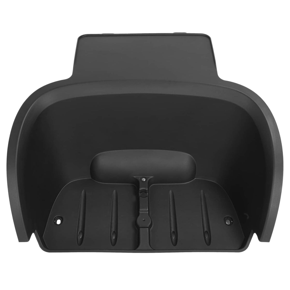 Black plastic rear bagwell liner with molded handle and side drainage holes