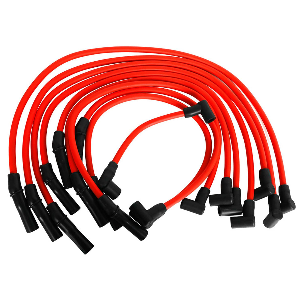 Red spark plug wire set with black boots, neatly bundled
