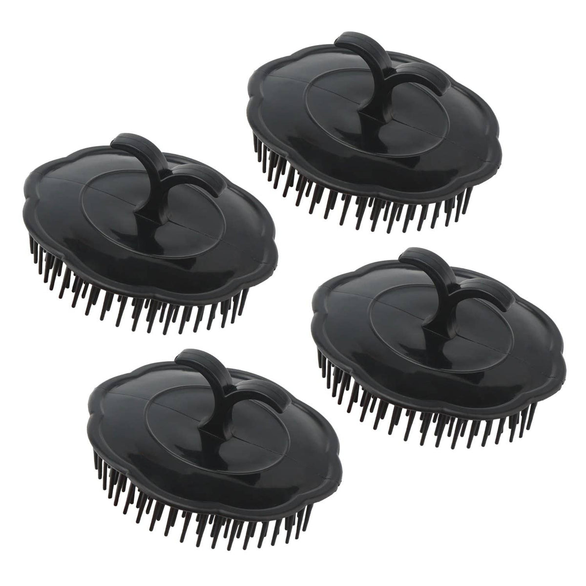Set of four black scalp brushes with oval pads, long bristles, and raised feet