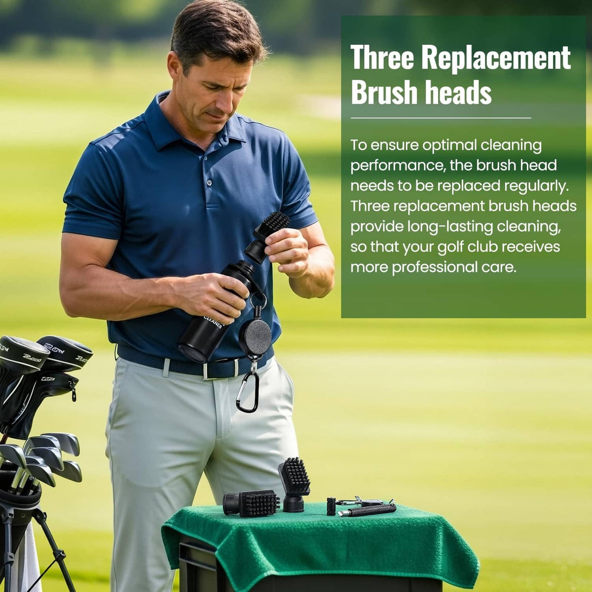 Golf club brush cleaner bottle with three replacement brush heads and round sponge pad