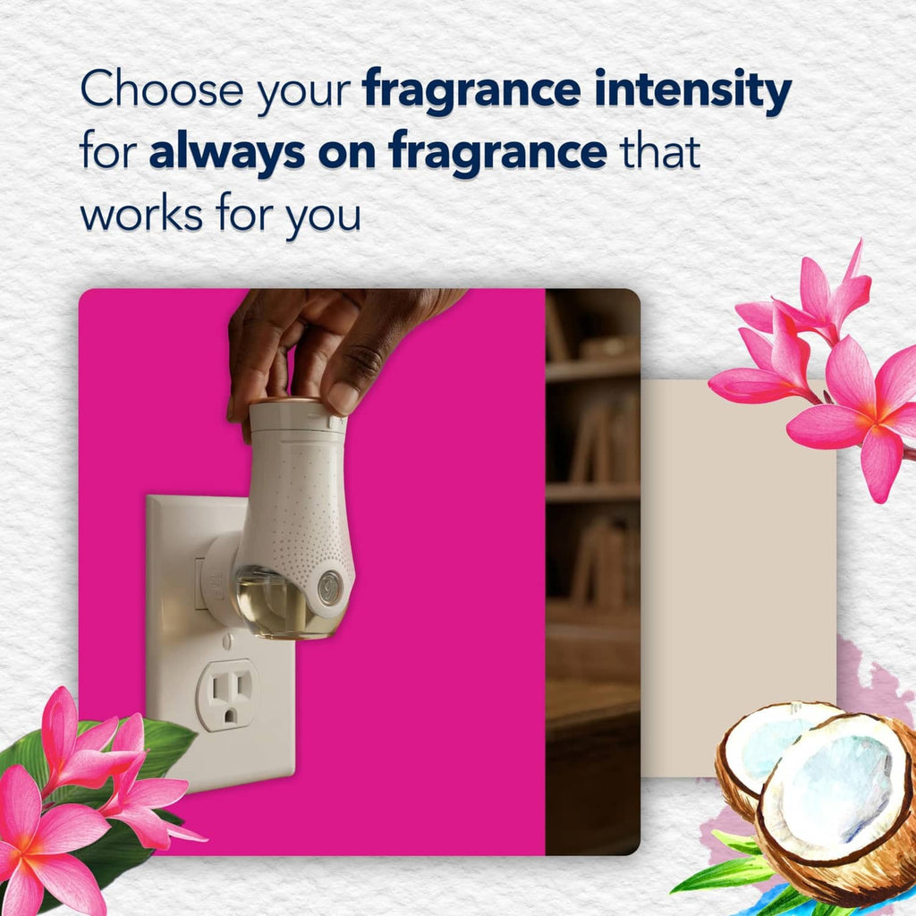 Plug-in fragrance diffuser with two prongs, choose scent intensity graphic