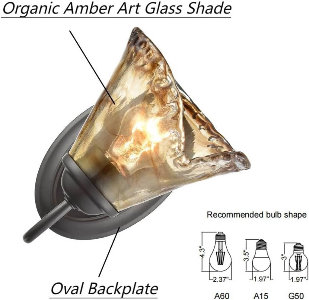 Amber art glass shade on vintage wall sconce with oval backplate and black arm