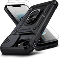 Black rugged iPhone case with camera slide cover and clear screen protector