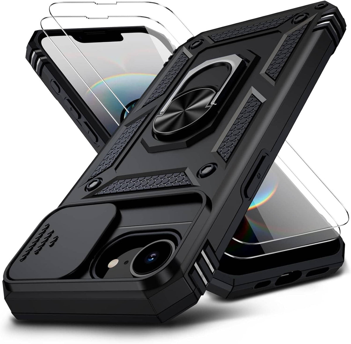Black rugged iPhone case with camera slide cover and clear screen protector