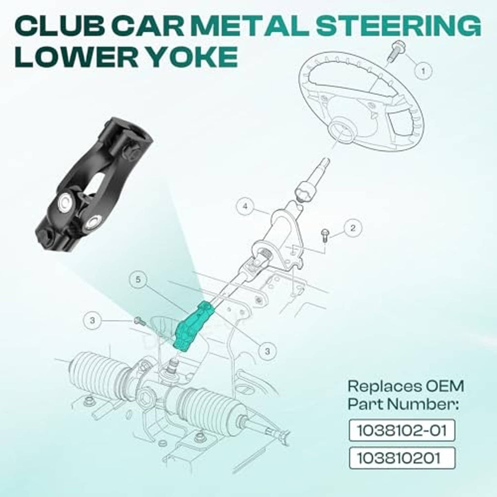 Black metal steering lower yoke replacement part, highlighted on vehicle diagram
