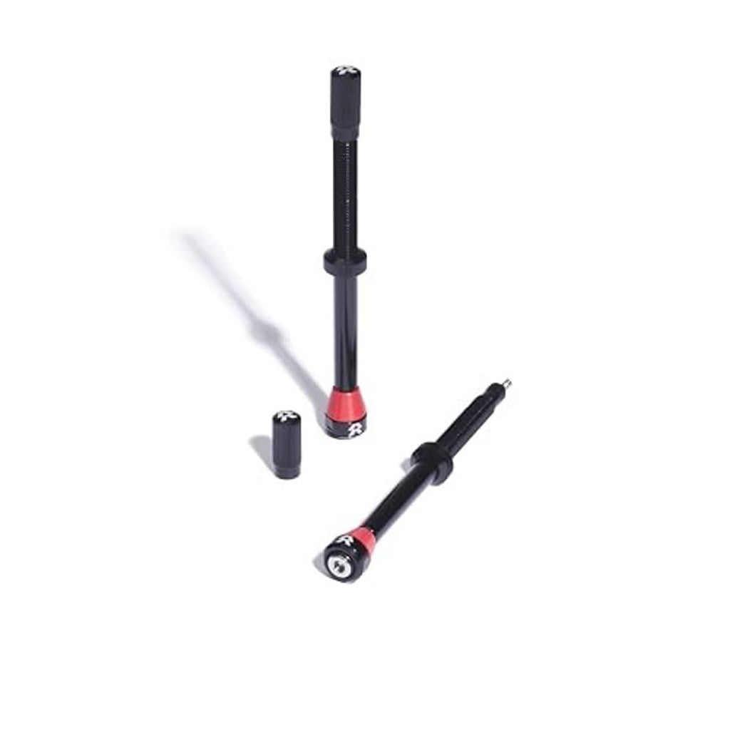 90mm black tubeless valve stem with red base; short cap included