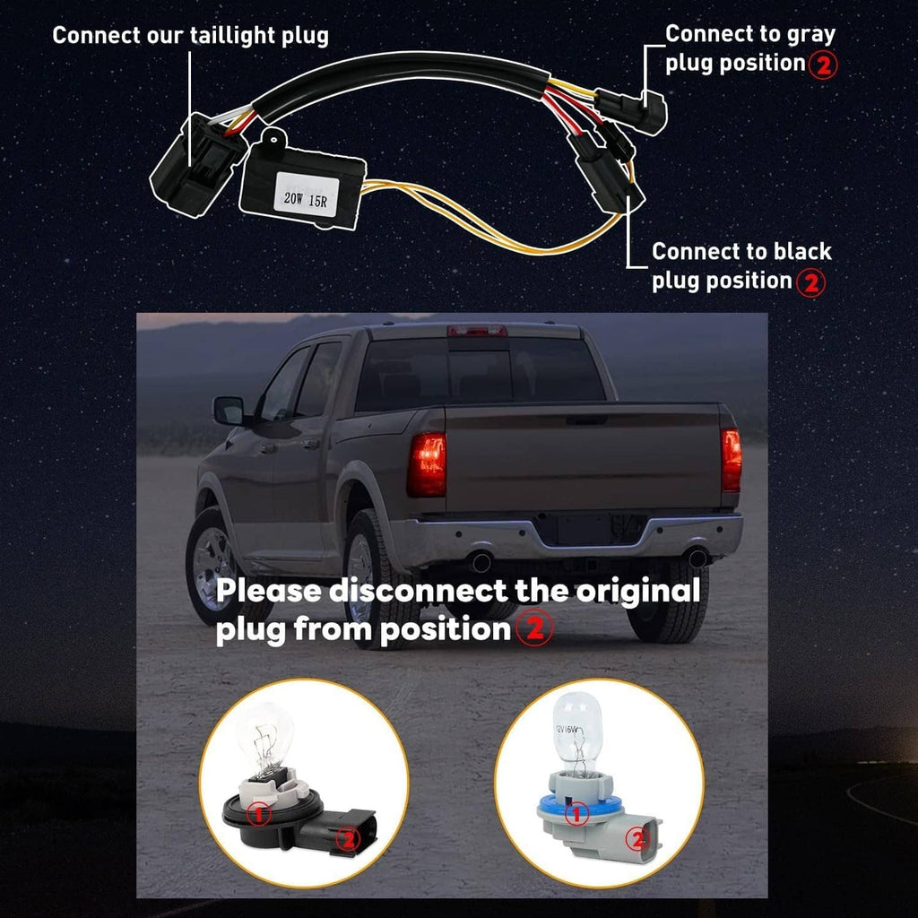 Tail light wiring harness adapter with plug connections, illustrated rear lamp setup