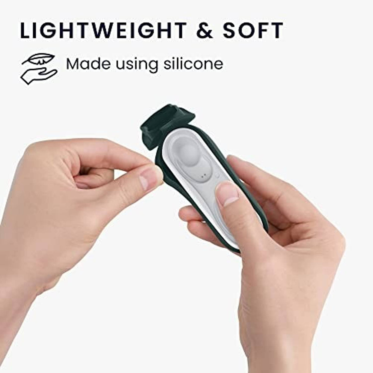 Hands holding a dark green silicone earbud case with earbuds visible