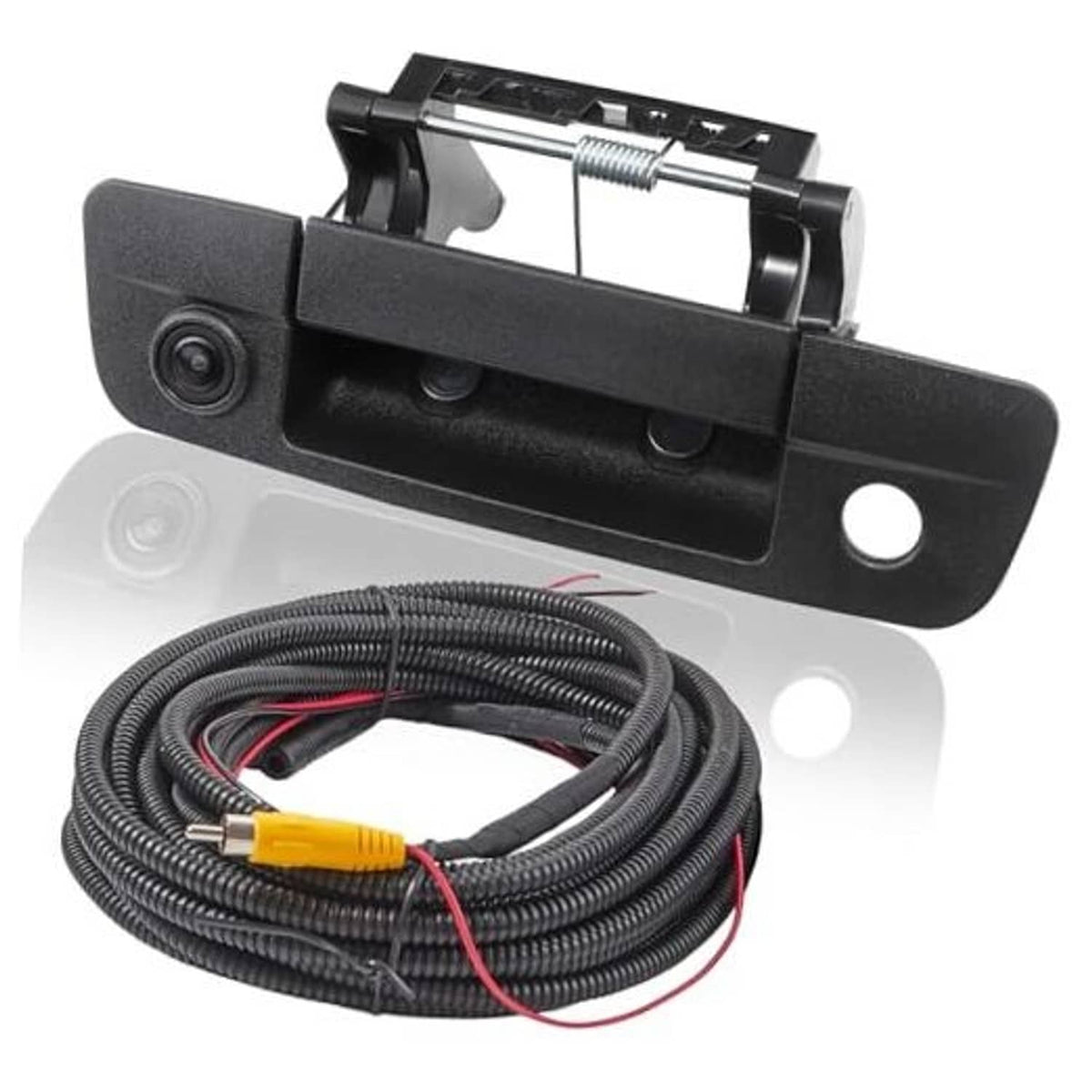 Black tailgate handle backup camera with mounting bracket and attached wiring cable