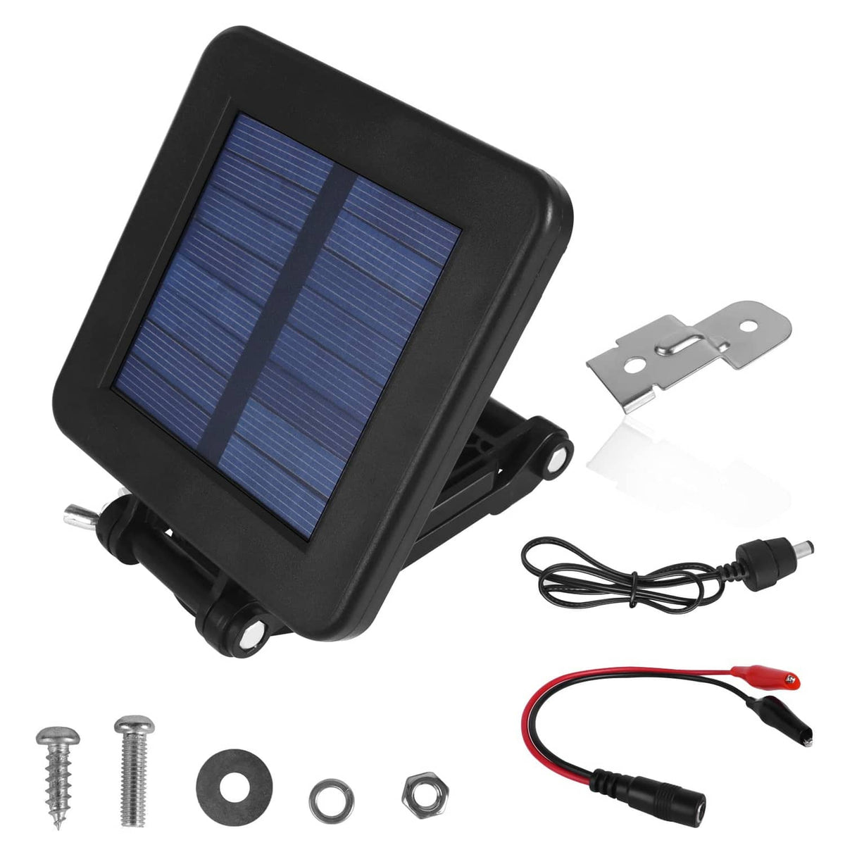 Black 6V solar panel charger with mounting hardware, screws, and DC power cable
