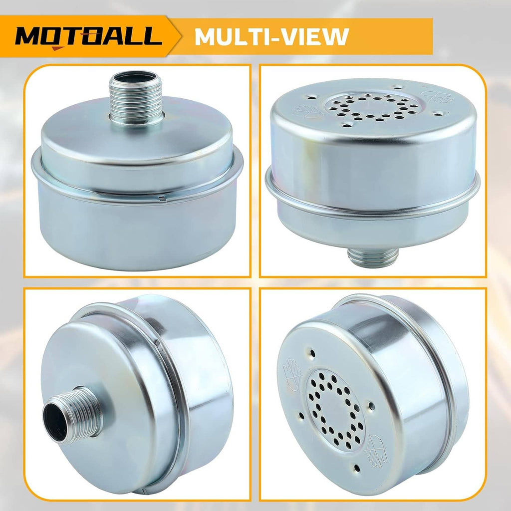 Lawn mower muffler kit, multiple views of canister and threaded fitting