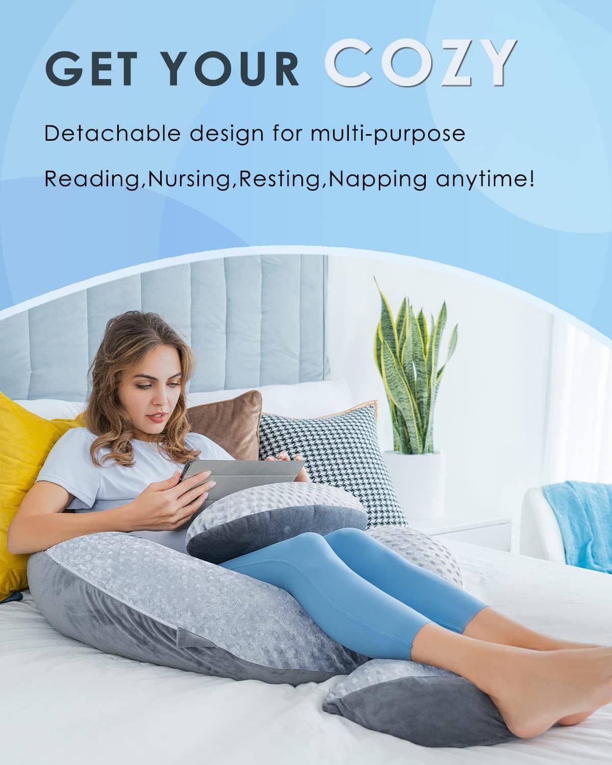 Detachable design pregnancy E-shaped pillow in gray with blue support for reading or nursing