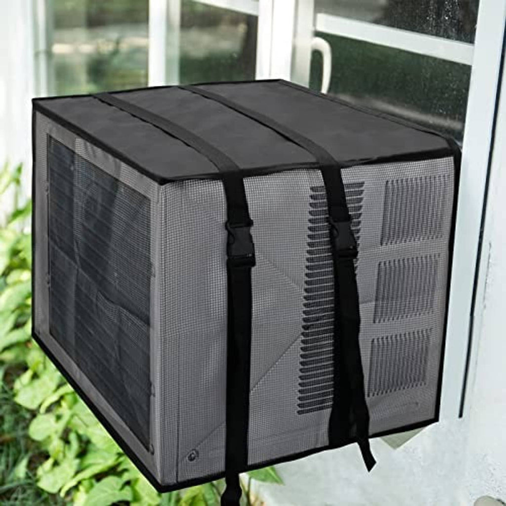 Black mesh air conditioner cover with top lid and adjustable hanging straps