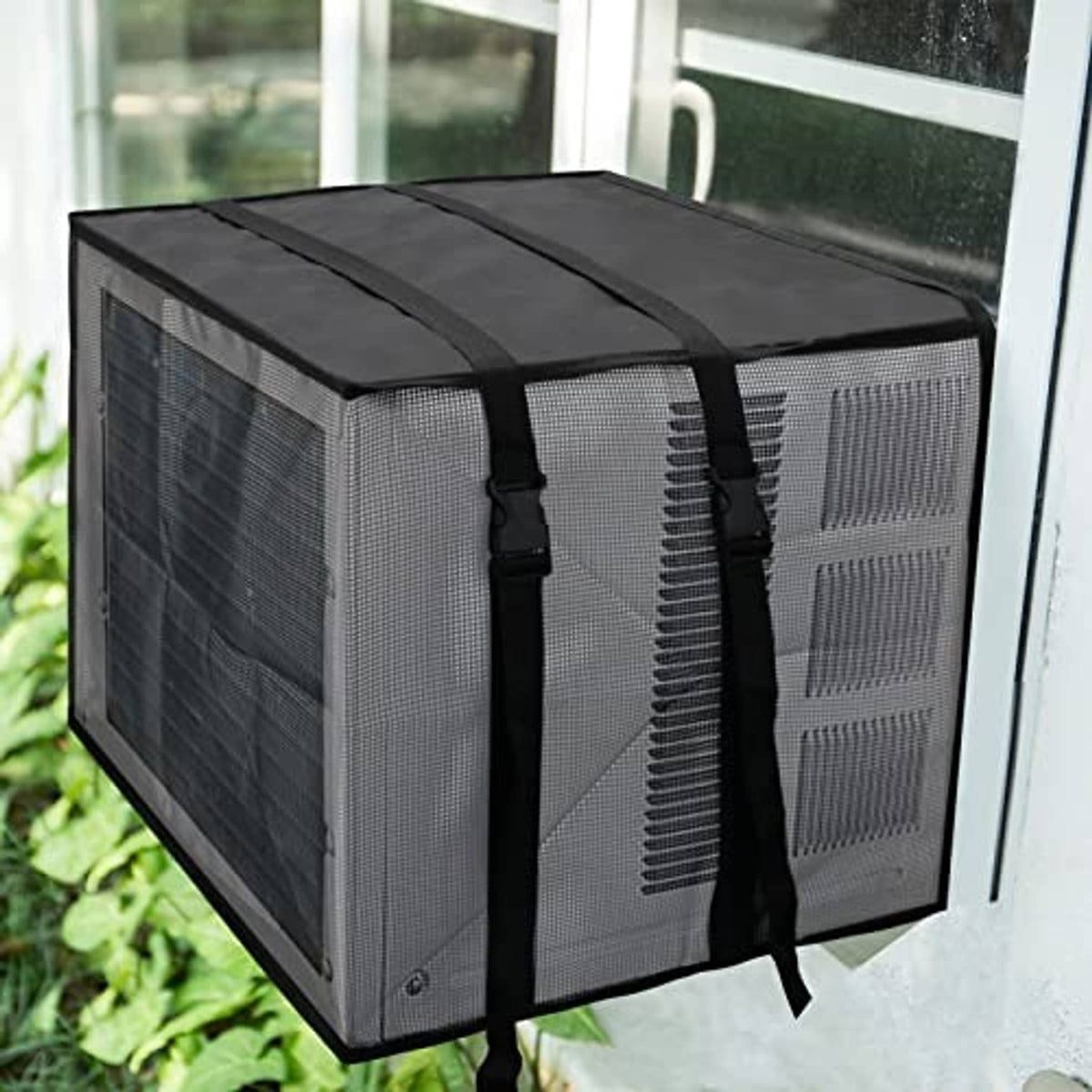 Black mesh air conditioner cover with top lid and adjustable hanging straps