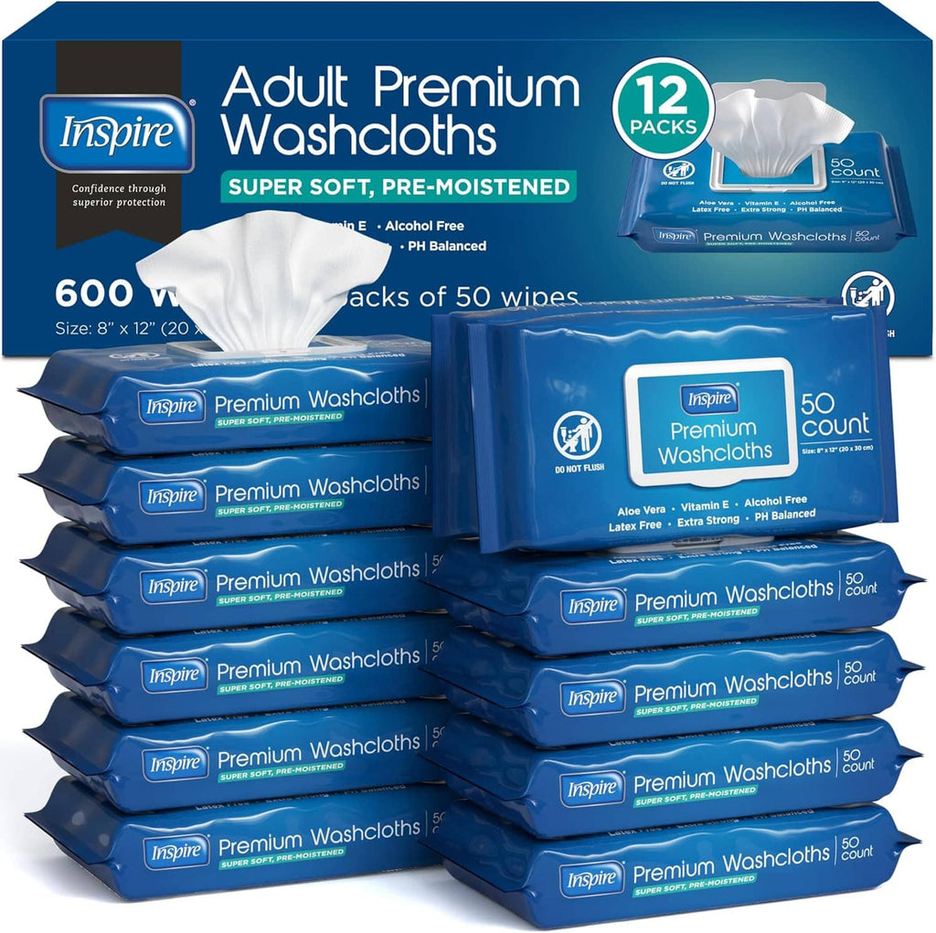 Adult pre-moistened washcloth wipes, white cloths stacked with blue pack labels