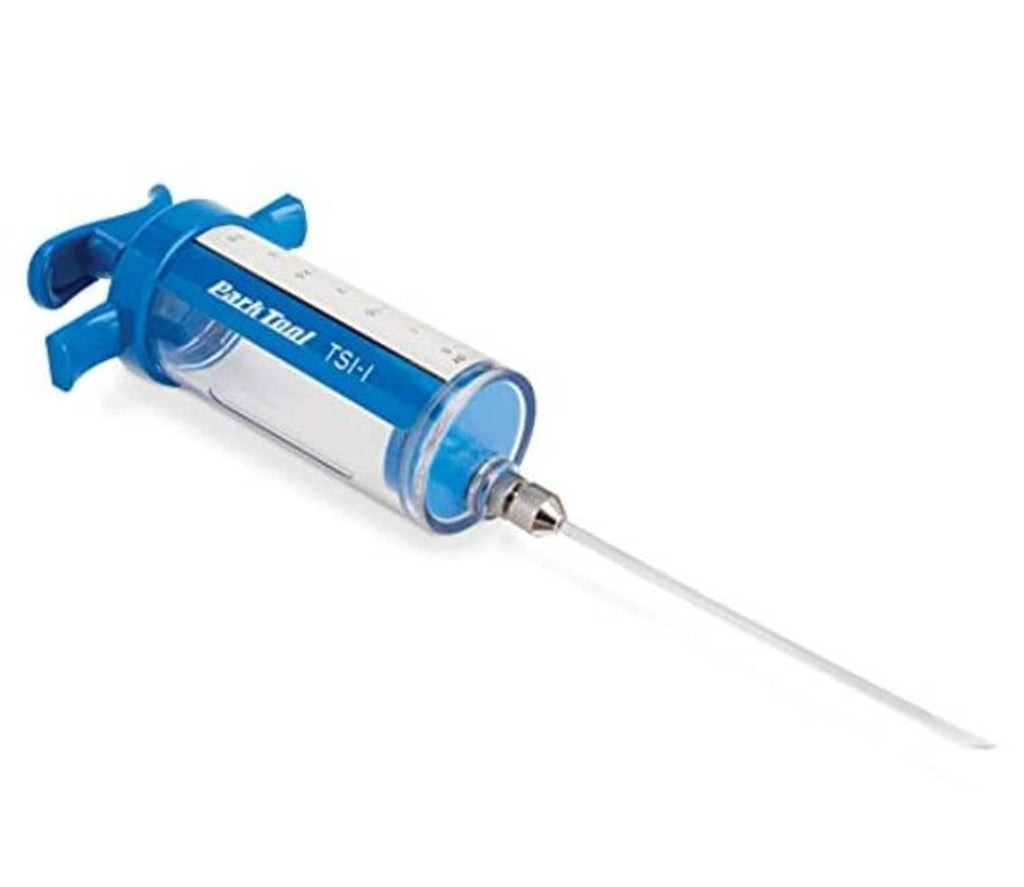Blue tubeless sealant injector with metal outlet and extended dispensing nozzle